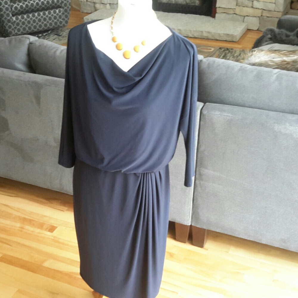 Evan-Piccone 3/4 Sleeve Navy Blue Midi Dress